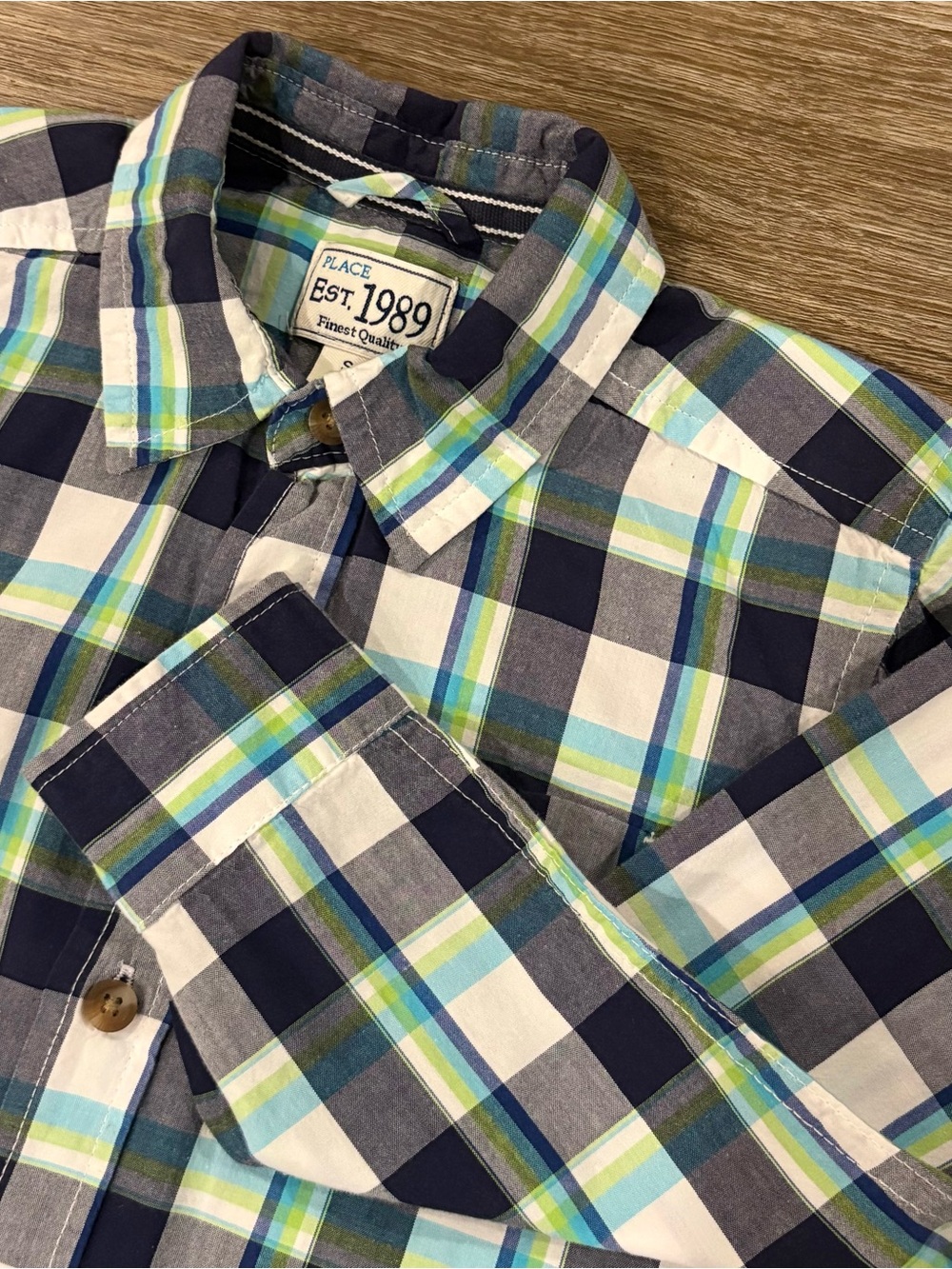 The Children's Place Navy, White and Light Green Plaid Button-Down Shirt 5/6